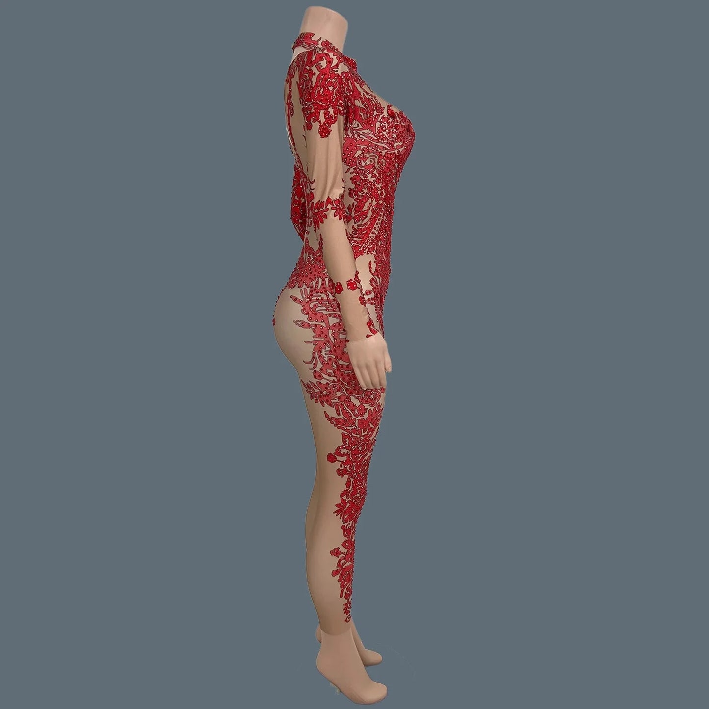 Sparkly Rhinestone Print Spandex Elastic Bodycon Jumpsuit Nightclub Party Stage Club Show Costume  Dance Skinny Wear Xiaotaohong Viralgem Store