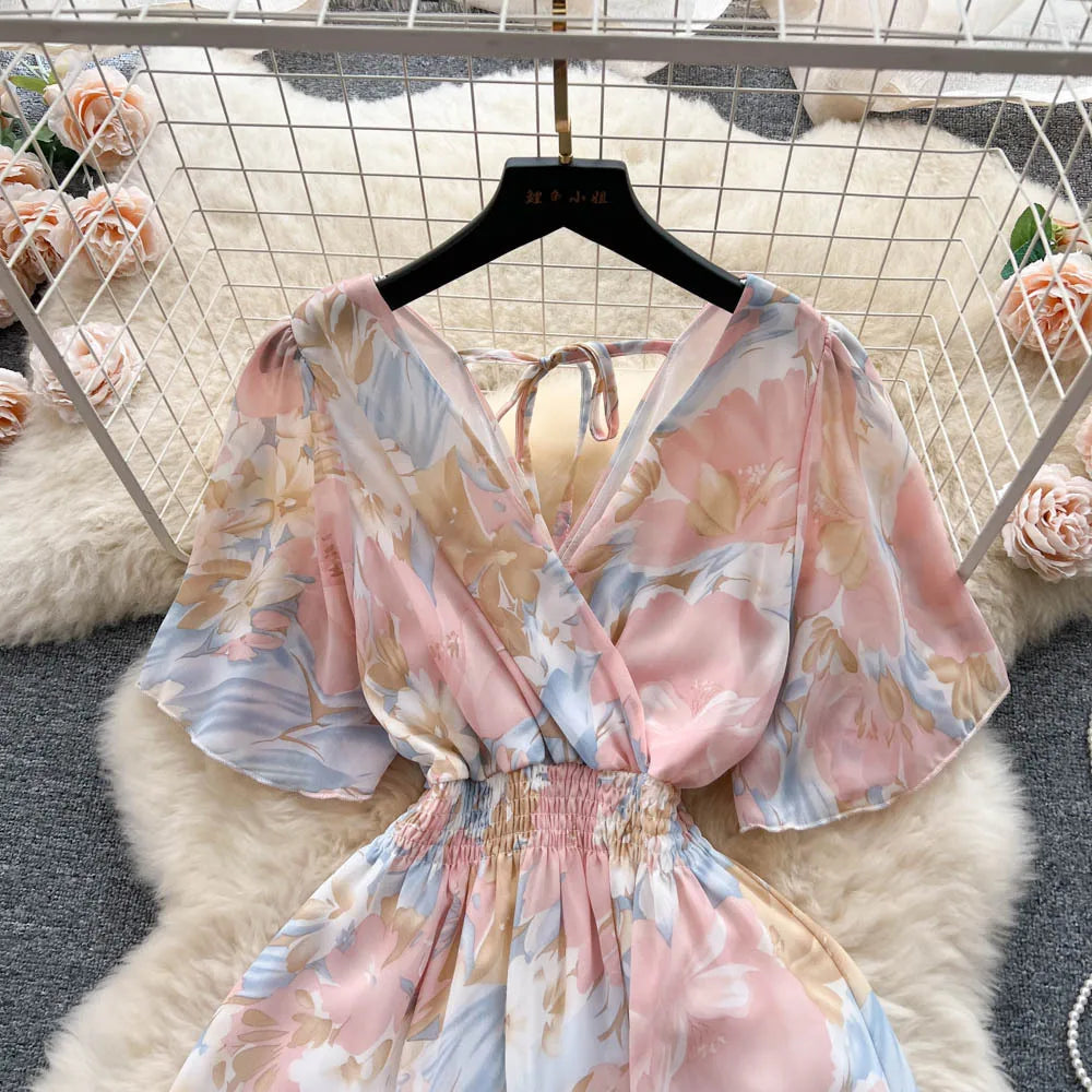 YuooMuoo Women Chiffon Floral Long Dress Korean V-neck Short Sleeve A-line Party Dresses Summer Bohemian Print Beach Vestidos