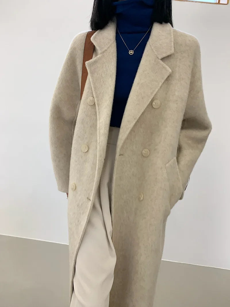 2024 Autumn Winter Wool Coat Women Double-breasted Solid Color Women's Double-sided Woolen Belt Coats Loose Warm Wool Jacket