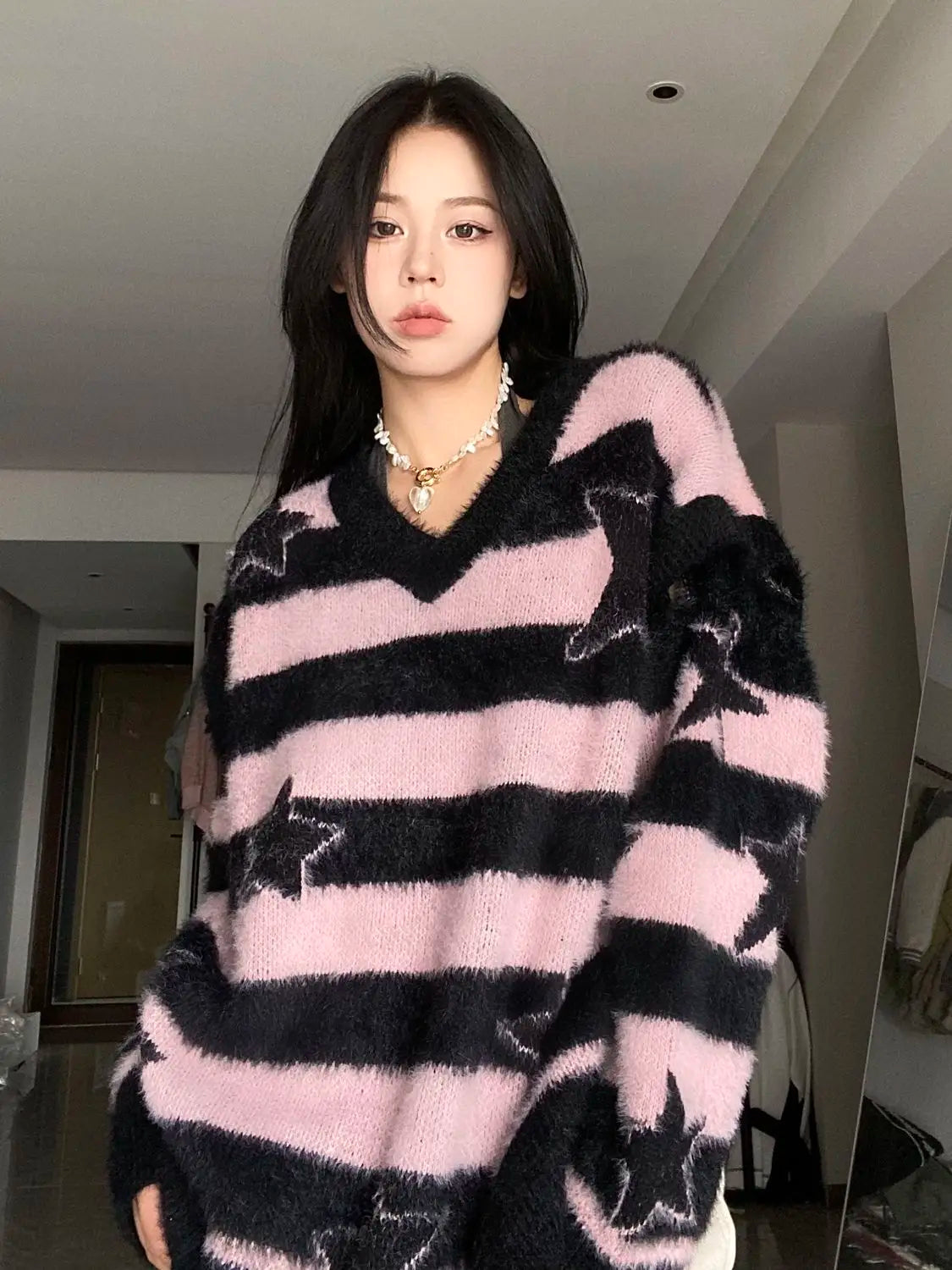ADAgirl Harajuku Striped Sweater Oversize Y2k Style Pink Detachable Sleeves Star Print Jumpers Gothic Winter Korean Alt Clothes