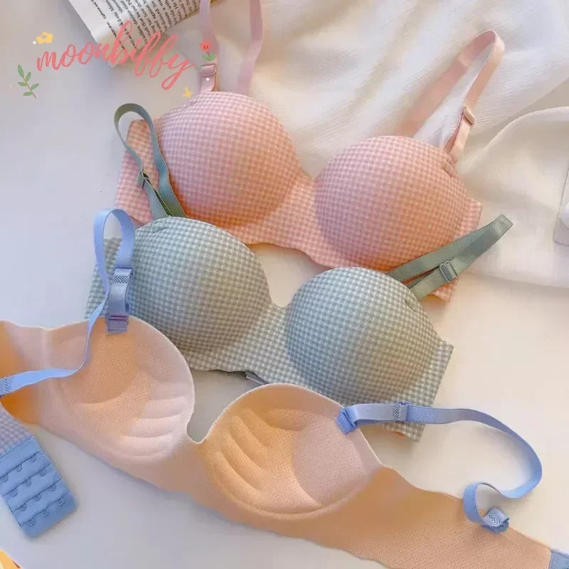 Women Ice Bra One Cup Thick Comfortable Without Steel Ring Lingerie Sexy Push Up Bralette Underwear Fashion Plaids Pattern Bra Viralgem Store