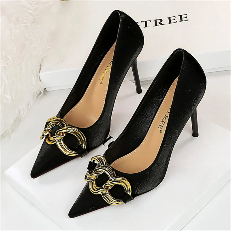Women 7.5cm 9.5cm High Heels Escarpins Pumps Lady Metal Chain Low Heels Fetish Nightclub Slim Fit Party Green Office Prom Shoes