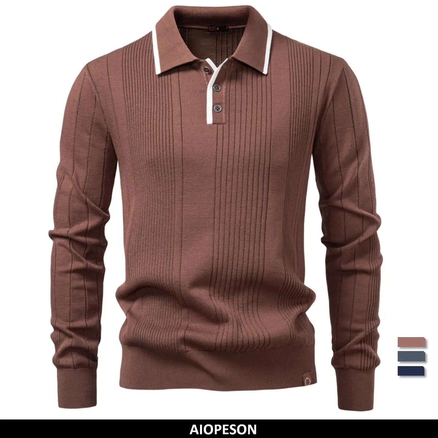 2025 Button Down Polo Shirt Men Solid Color Stripe Long Sleeve Fall Winter Luxury Warm Touch Business Casual Mens Polo Shirts