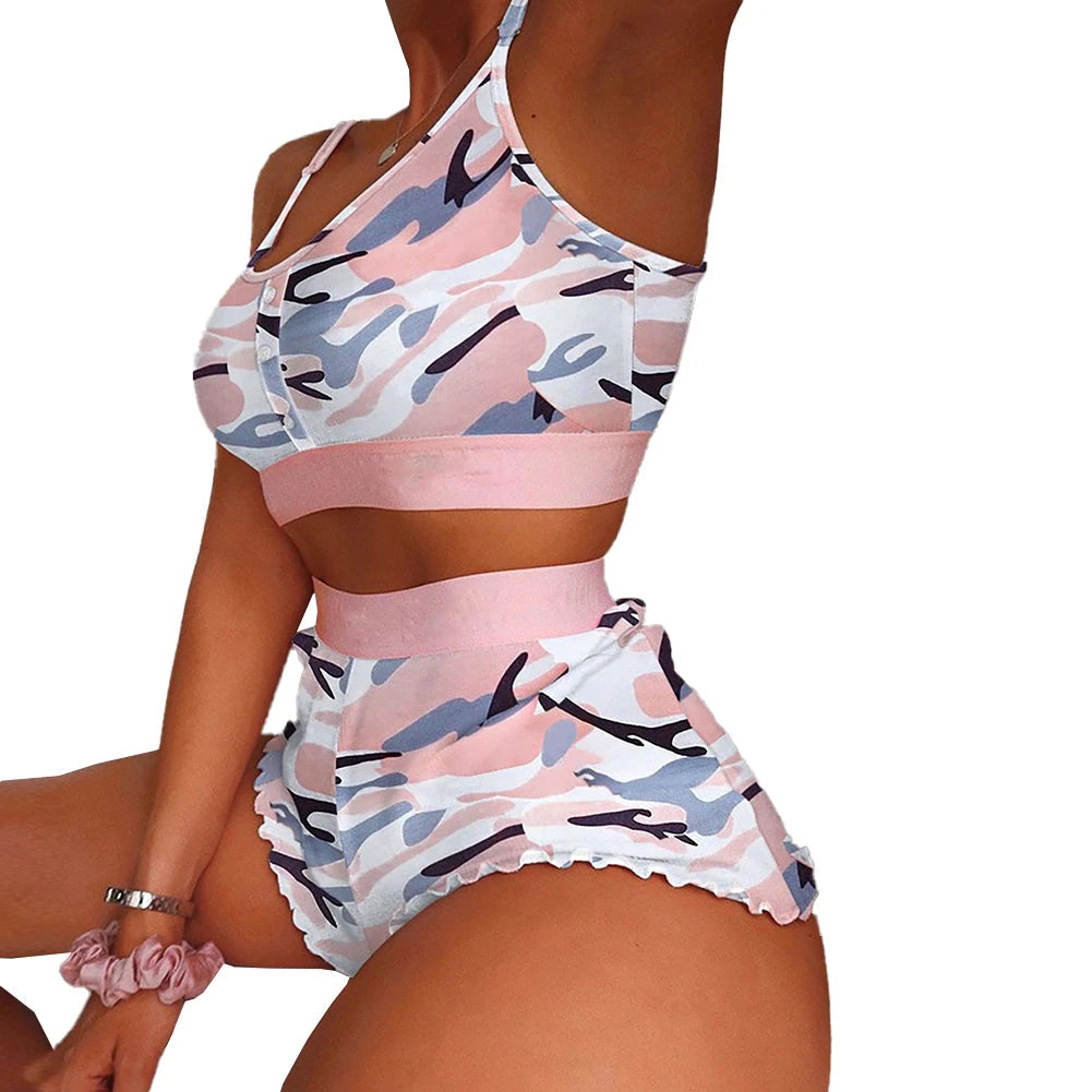 Women's Fashion Print Pajama Set Frill Hem Short + Sleeveless Crop Top Sleepwear Nightwear Lingerie Sweet Viralgem Store