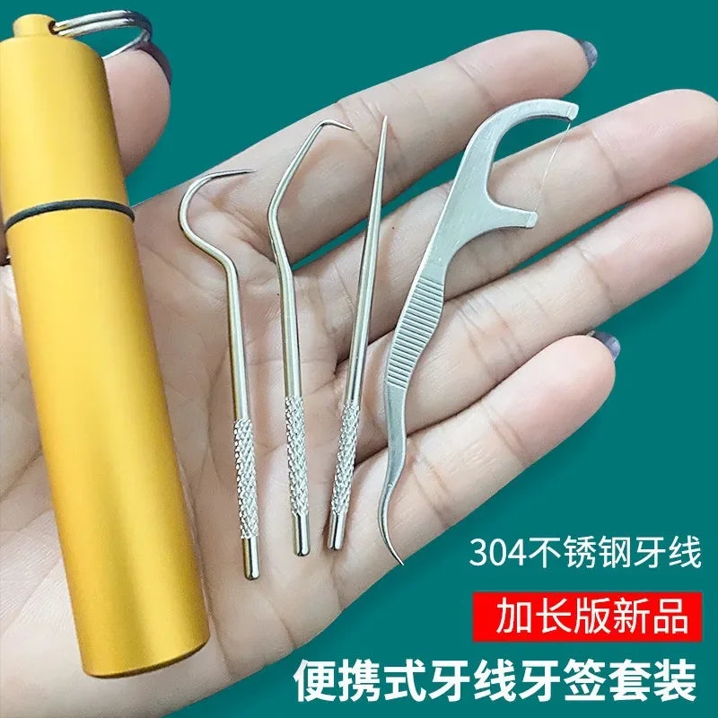 1Set Toothpick Set Metal Stainless Steel Oral Cleaning Tooth Flossing Portable Toothpick Floss Teeth Cleaner with Storage Tube