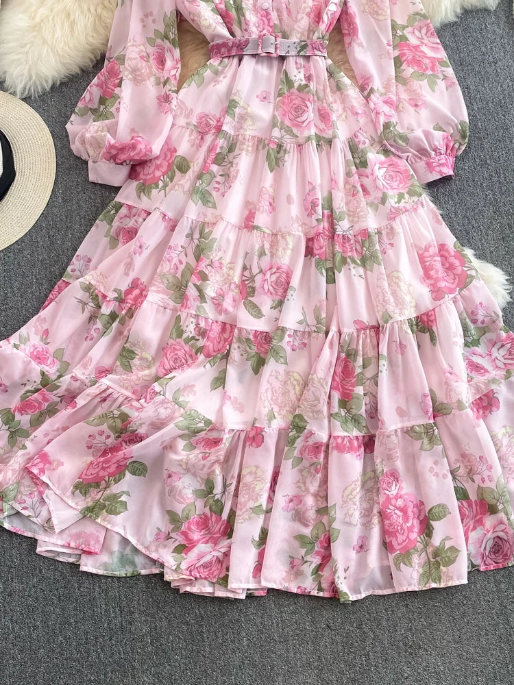 Spring Autumn Women Floral Chiffon Long Dress Vintage Purple/Pink/Black/Beige Stand Collar Single Breasted Maxi Robe Elegant New Viralgem Store