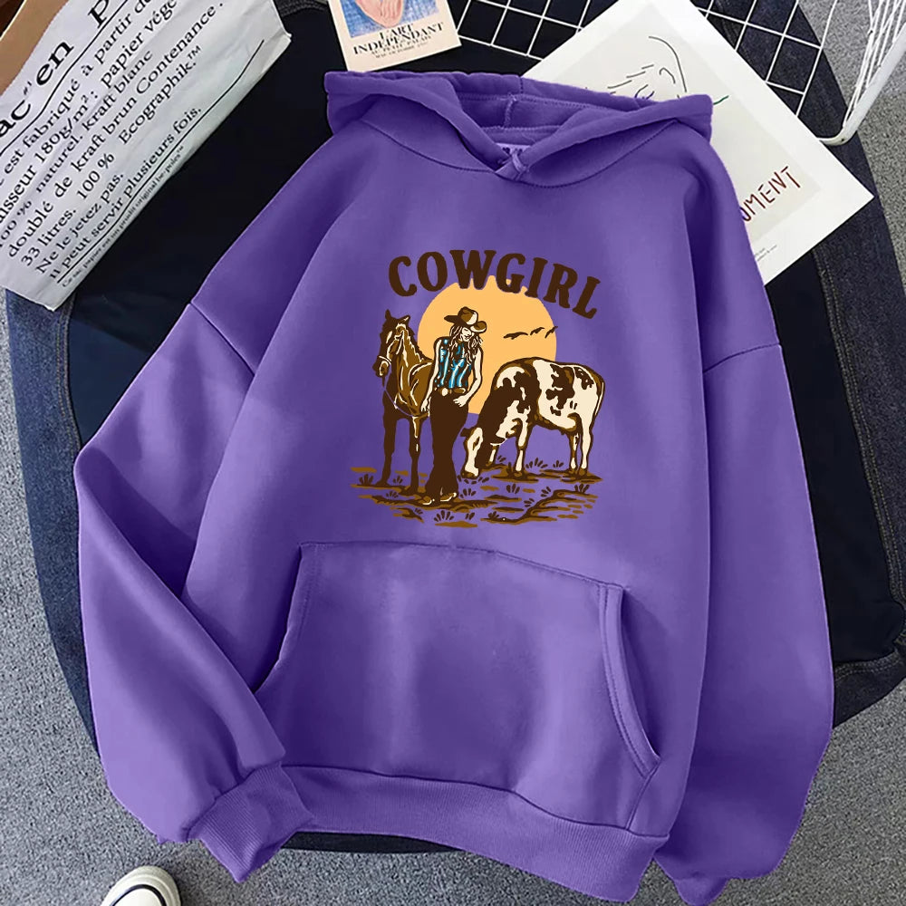 The Cowgirl And Her Cow And Horse Live In The West Hoody Woman Hip Hop Street Hoodies Crewneck Pocket Clothes Loose Pullover