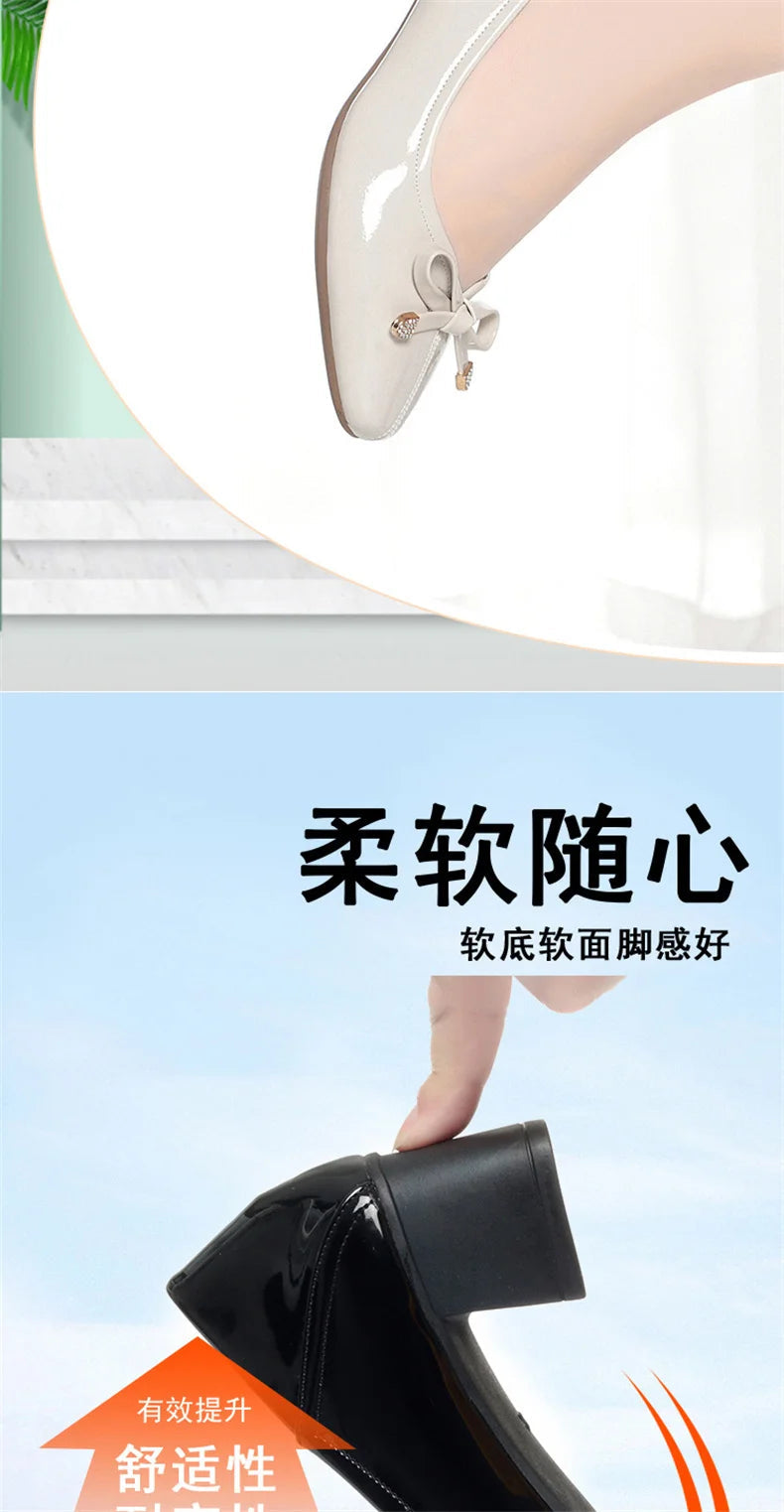 Spring New Comfort Soft Bottom Round Toe Solid Ballet Shoes Low Heel Bow Pumps Low Top Flat Patent Leather Single Shoes Viralgem Store