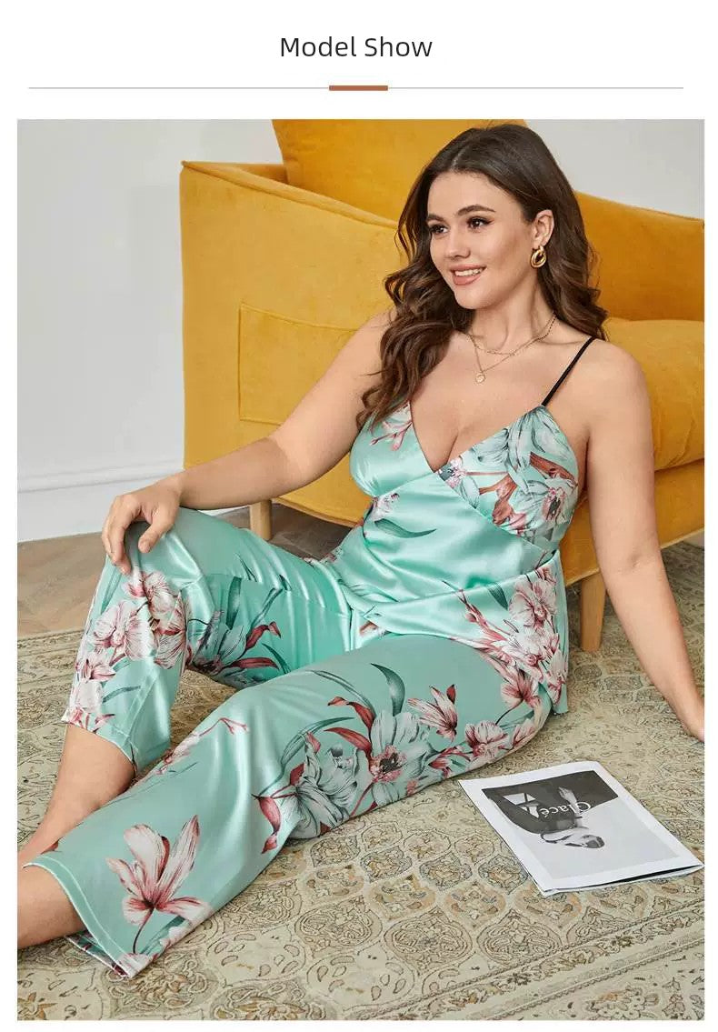 100.00kg Plus Size Ladies Plus Size Ice Silk Pajamas Fat Women plus Size Pajamas Set 2pcs 5x