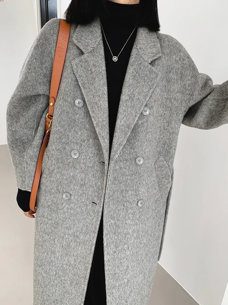 2024 Autumn Winter Wool Coat Women Double-breasted Solid Color Women's Double-sided Woolen Belt Coats Loose Warm Wool Jacket