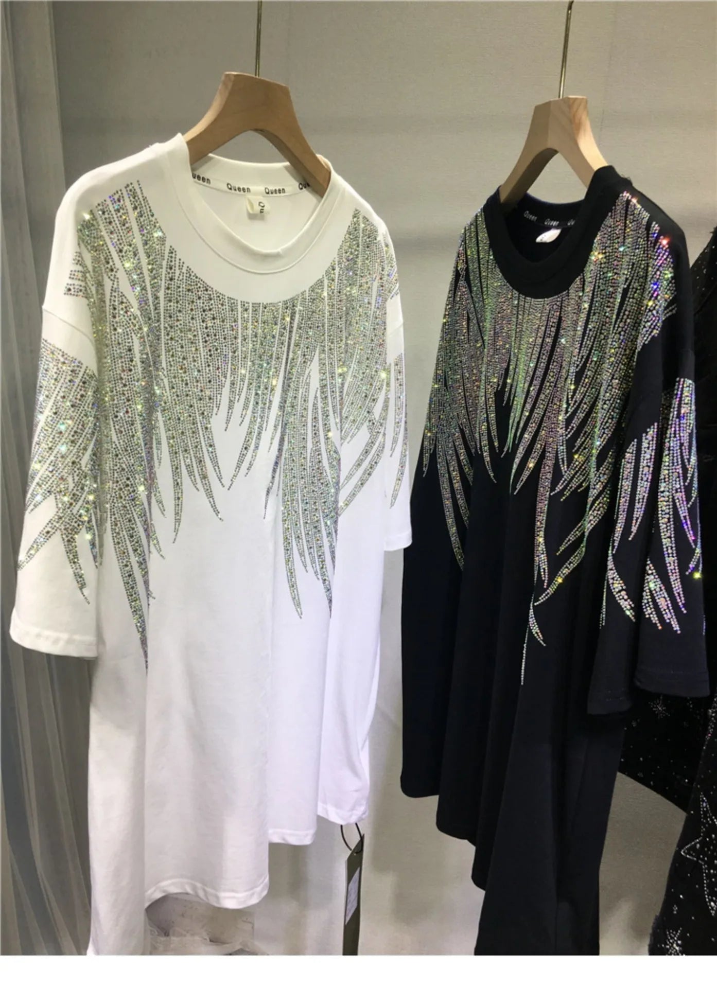 Women Tops Sequin Print Tees Round Neck Half Sleeve Loose Casual Regular Splice T Shirts Simple Hot Drilling Mid Length Top