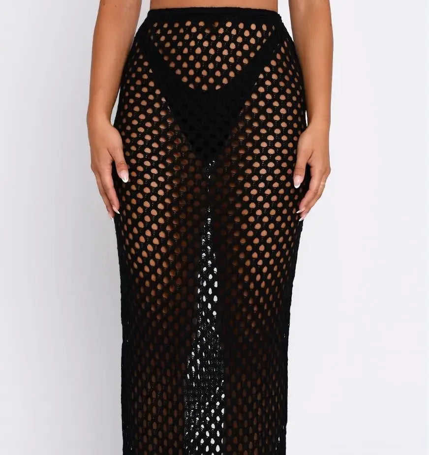 Yiiciovy Women's Sexy Holiday Bikini Cover-Ups Beach Hollow Out Fishnet Tassels Skirts Sexy Lady See Through Beach Long Skirts