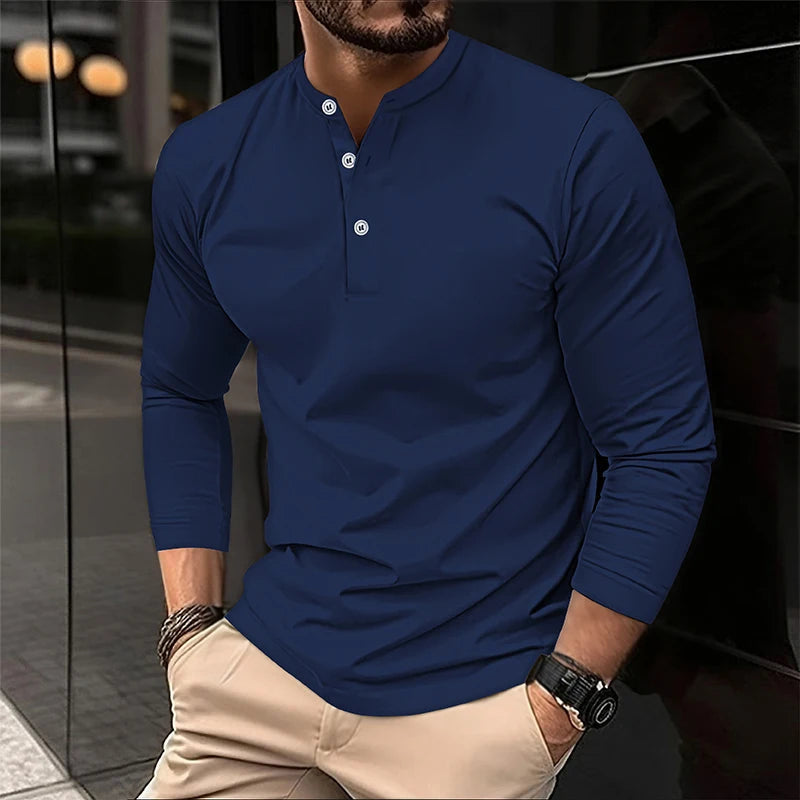 2025 Men's Summer Long Sleeve Henry Polo Casual Breathable Comfortable Polo Shirt Solid High Quality Male T-Shirt Dropshipping Viralgem Store