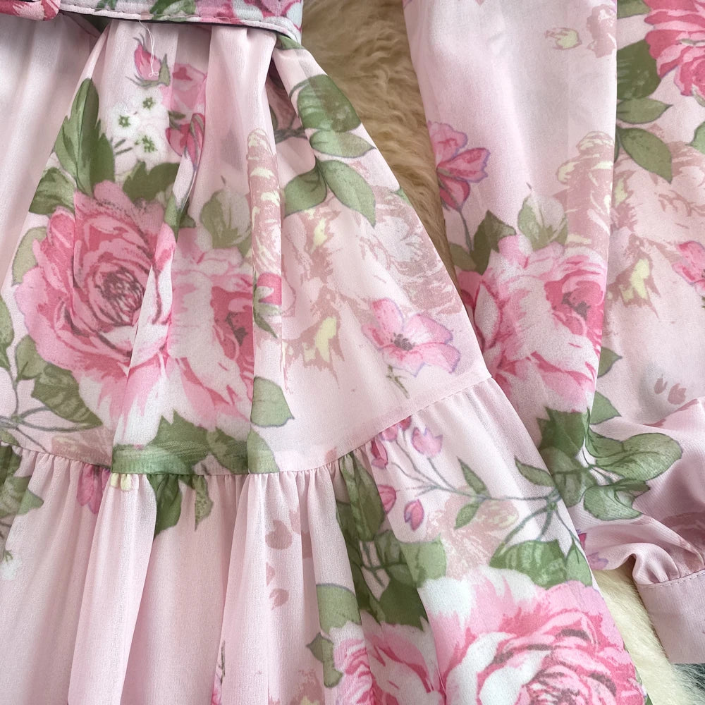 Spring Autumn Women Floral Chiffon Long Dress Vintage Purple/Pink/Black/Beige Stand Collar Single Breasted Maxi Robe Elegant New Viralgem Store