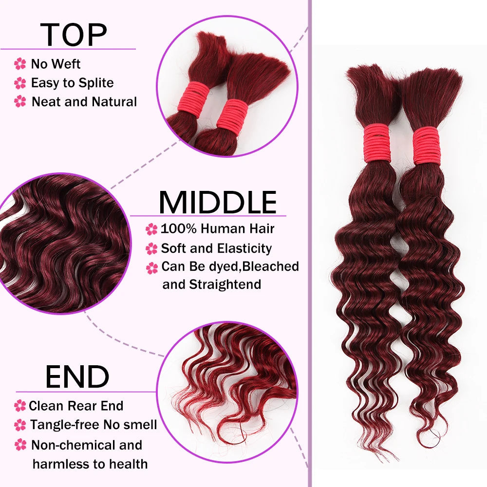 22Inch 100% Human Hair Bundle No Weft Deep Wave Curly Brazilian Virgin Hair for Boho Braid Burgundy 1 2 3 Bundles Hair for Women Viralgem Store