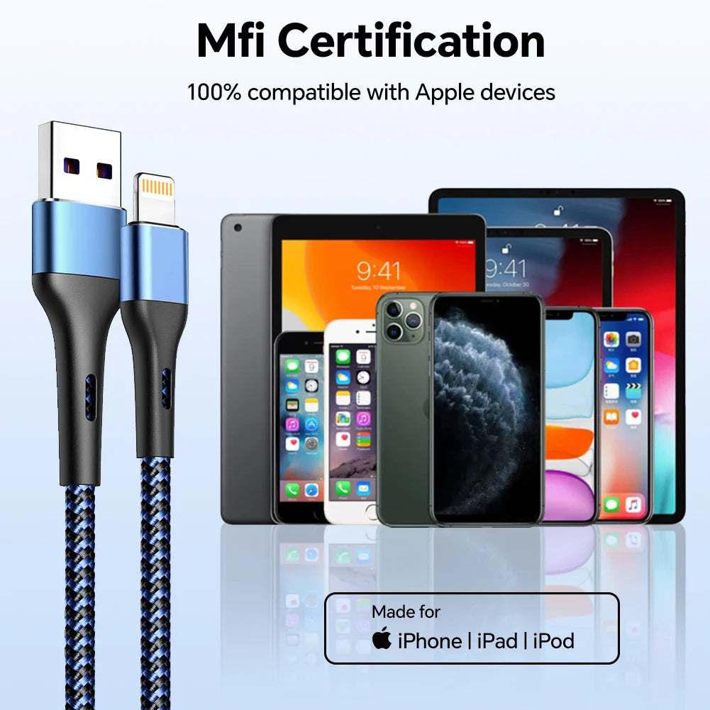 3A USB Fast Charging Cable For iPhone 14 11 12 13 Pro X XS Max 6 7 8 Plus SE iPad Cord Phone Charger Data Wire 1/2/3m 10ft