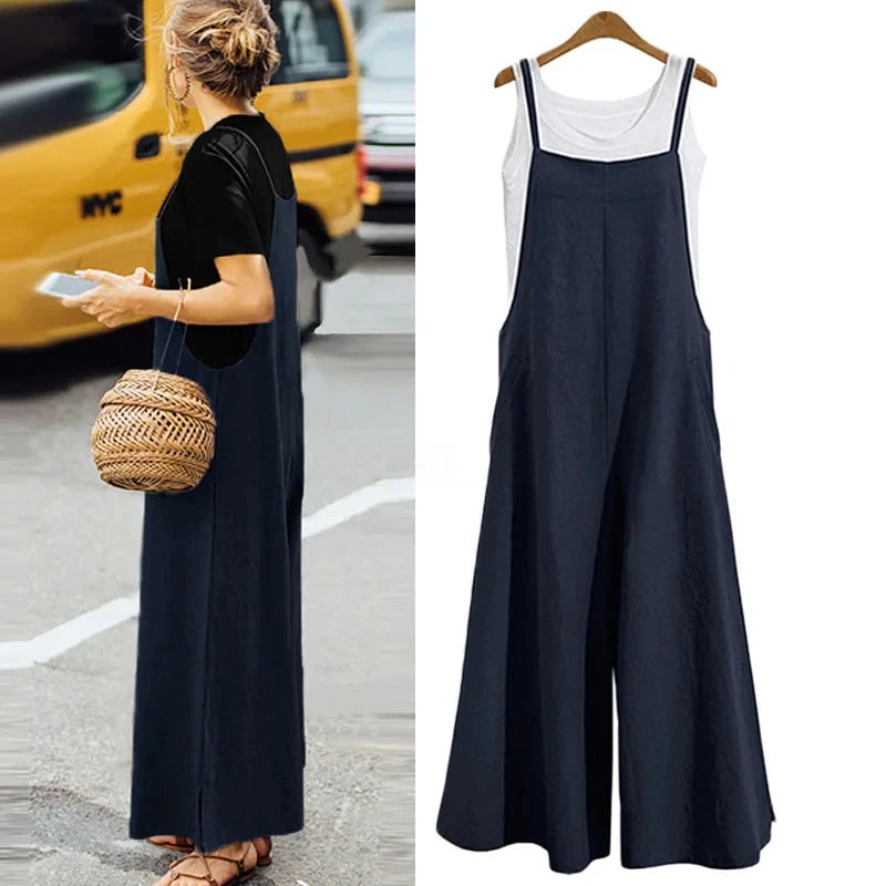 Women Straps Jumpsuit Summer Solid Color Wide Leg Pants Dungaree Bib Overalls Casual Loose Sleeveless Cotton Linen Jumpsuits 5Xl Viralgem Store