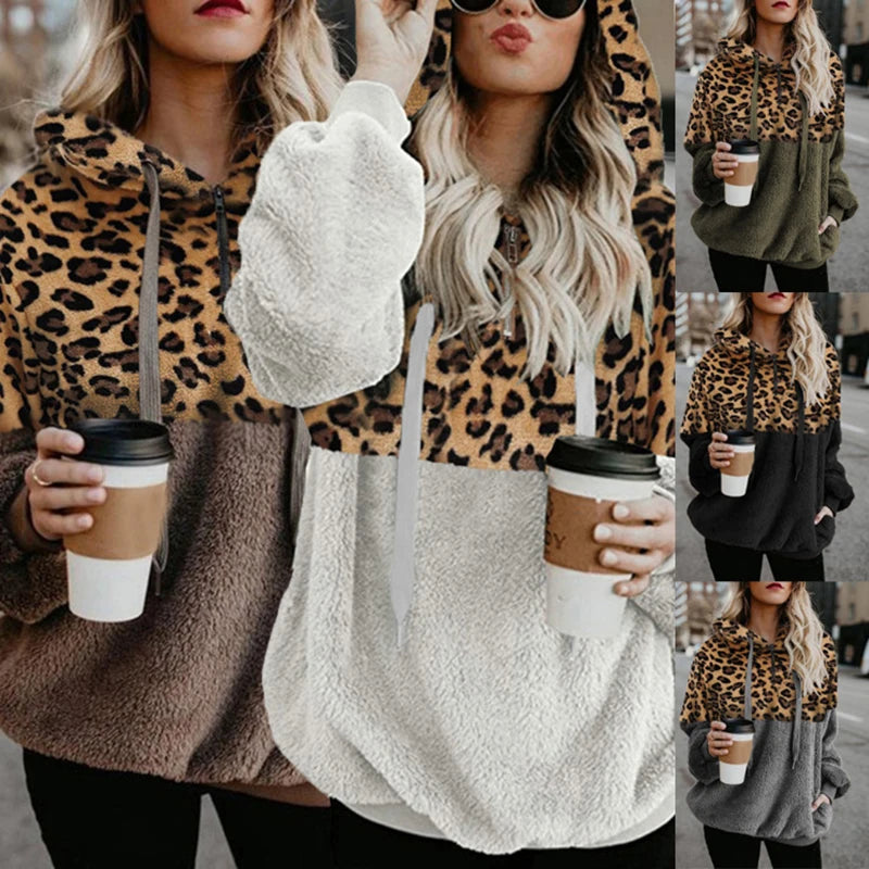 Women's Sweatshirt Autumn Winter American Style Leopard Montage Pocket Zipper Lint Thermal Hooded Sweatshirt