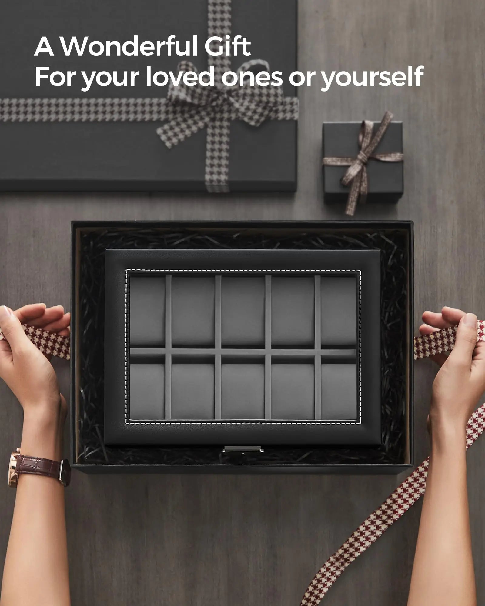 20-Slot Watch Organizer Case, Watch Case with Glass Lid, 2 Layers, Lockable Watch Display Case, Black Synthetic Leather, Gray Viralgem Store