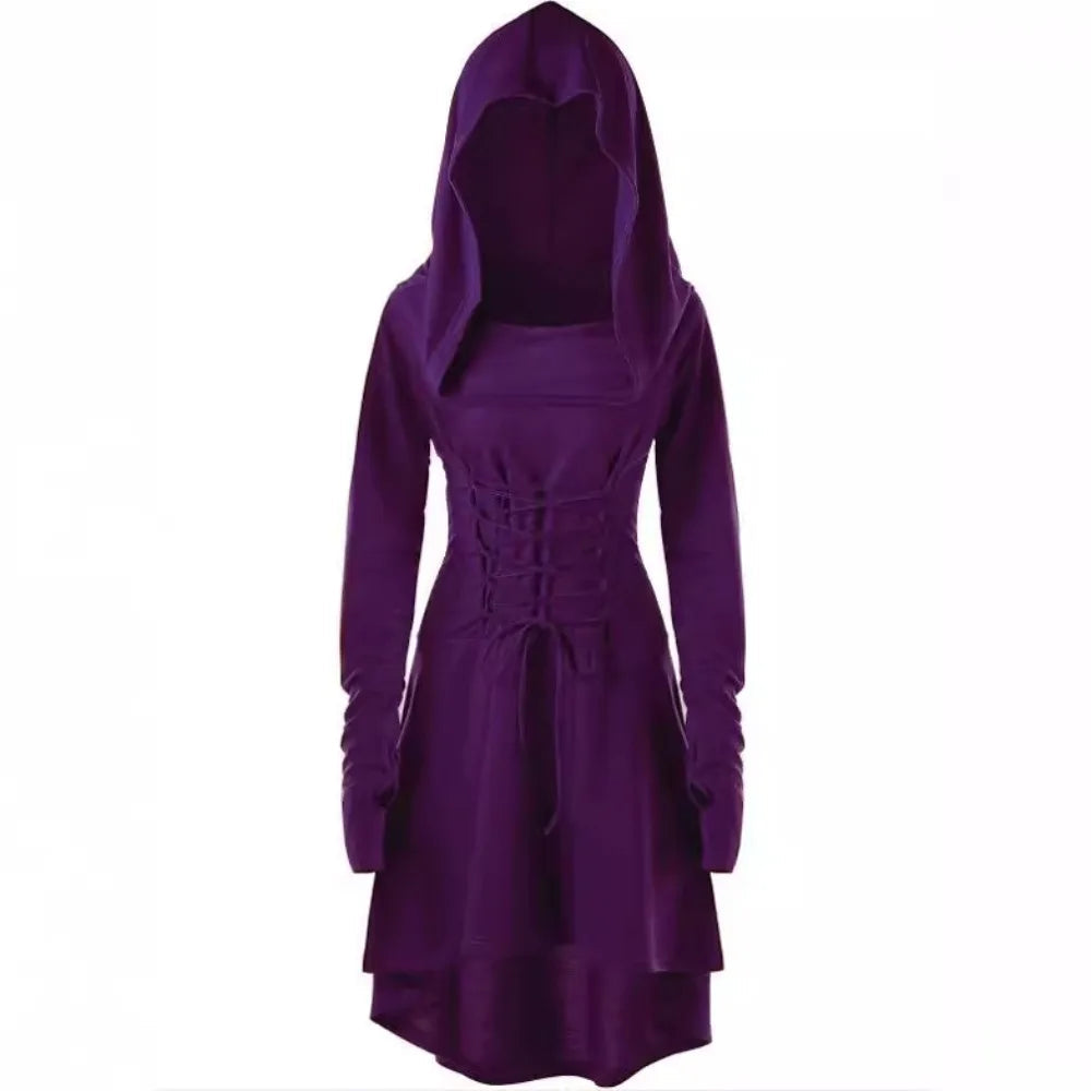 Vintage Womens Cosplay Medieval Renaissance Archer Costumes Hooded Robe Lace Up Pullover Long Hoodie Dress Cloak Halloween Party Viralgem Store