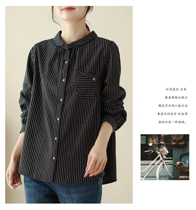 Women Long Sleeve Casual Shirt New Arrival 2024 Spring Korean Style Vintage Striped Loose Female Basics Cotton Tops Shirts B3254
