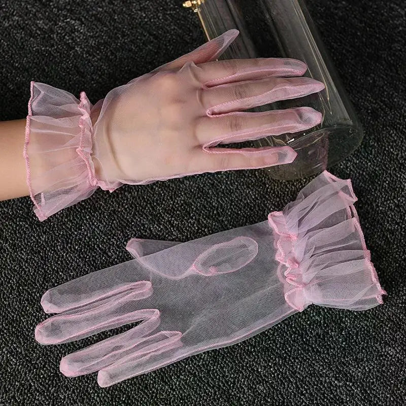 Women Short Tulle Gloves Sexy Lace Mittens Tulle Full Finger Gloves Lady Driving Glove Transparent Mittens Wedding Bridal Gloves