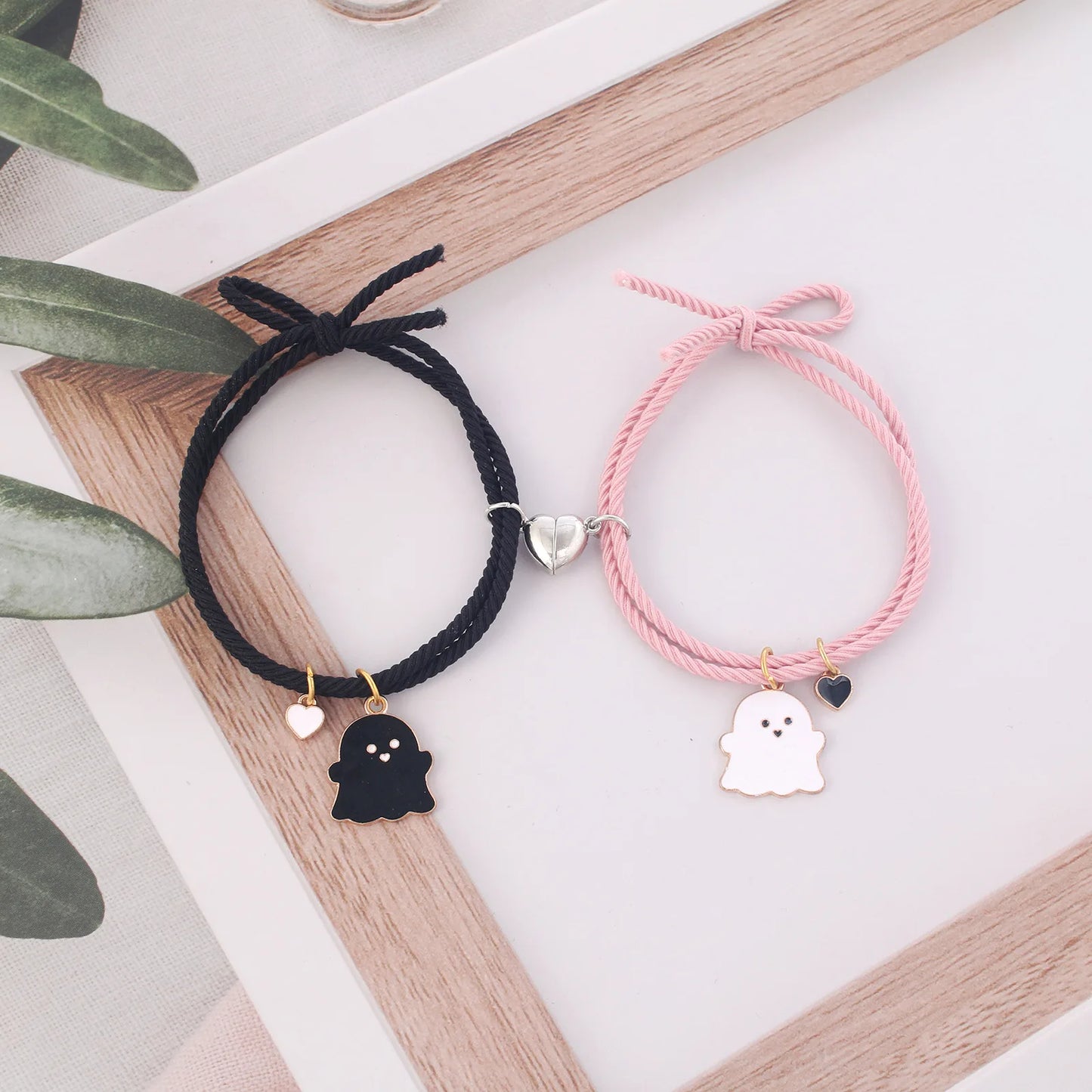2Pcs Creative Heart Magnetic Matching Couple Bracelets for Women Men Cute Cartoon Ghost Pendant Bracelet BFF Friendship Jewelry