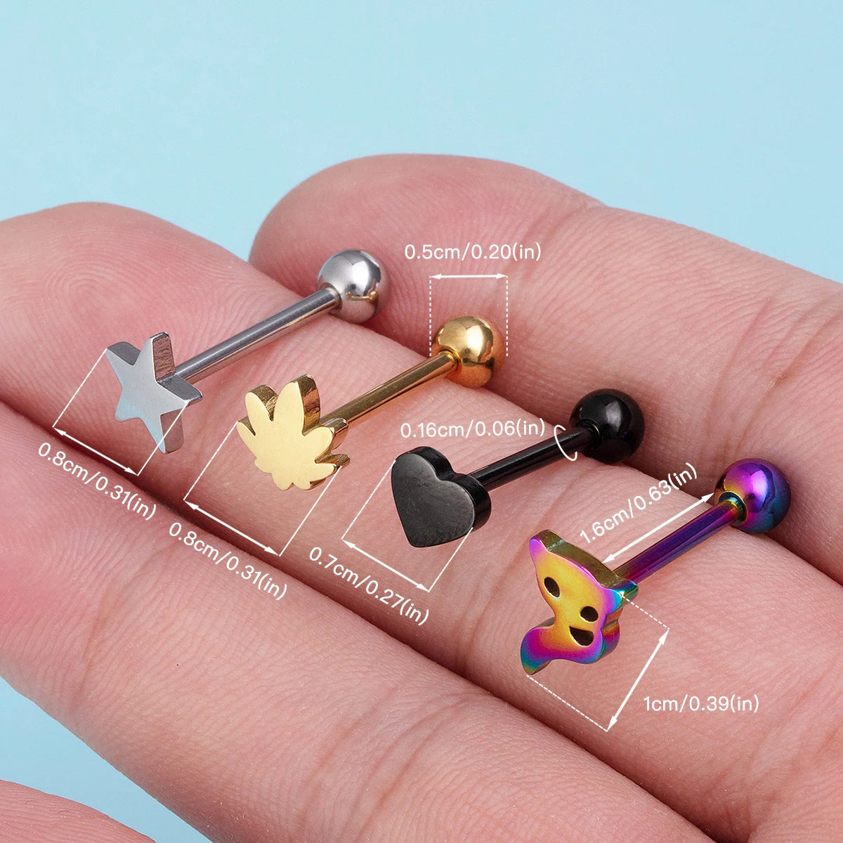 1-4pcs 14G Stainless Steel Tongue Rings Punk Straight Barbells Heart Star Maple Leaf Anchor Cross Tongue Piercing Jewelry Unisex Viralgem Store