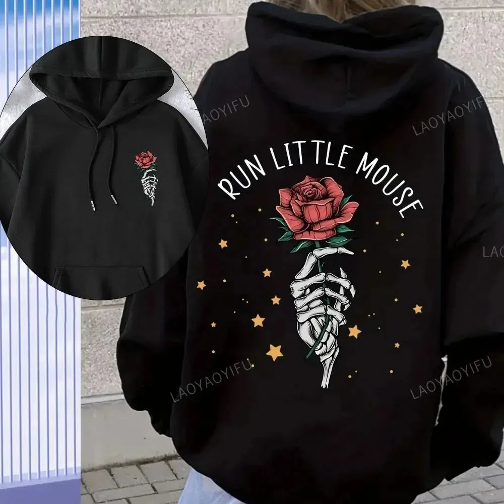 2024 Skeleton hand and Rose Graphic Print Hoodie Casual Hooded Sweatshirt For Winter Fall Women's Plus Size XS-3XL Clothing