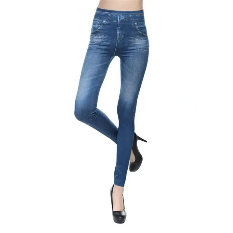 2023 Women's Spring and Summer Tight Imitation Jeans, Smart Slim Fashion, Large Tight Pants, False Pocket Women's Fitness Pants