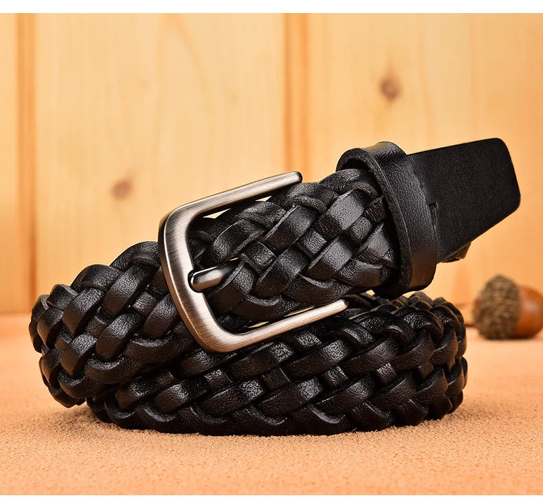 2023 Women Casual Luxury New Style Width 2.5cm  Woven Belt Needle Buckle Real Leather Head Layer Cowhide Handmade Decorative