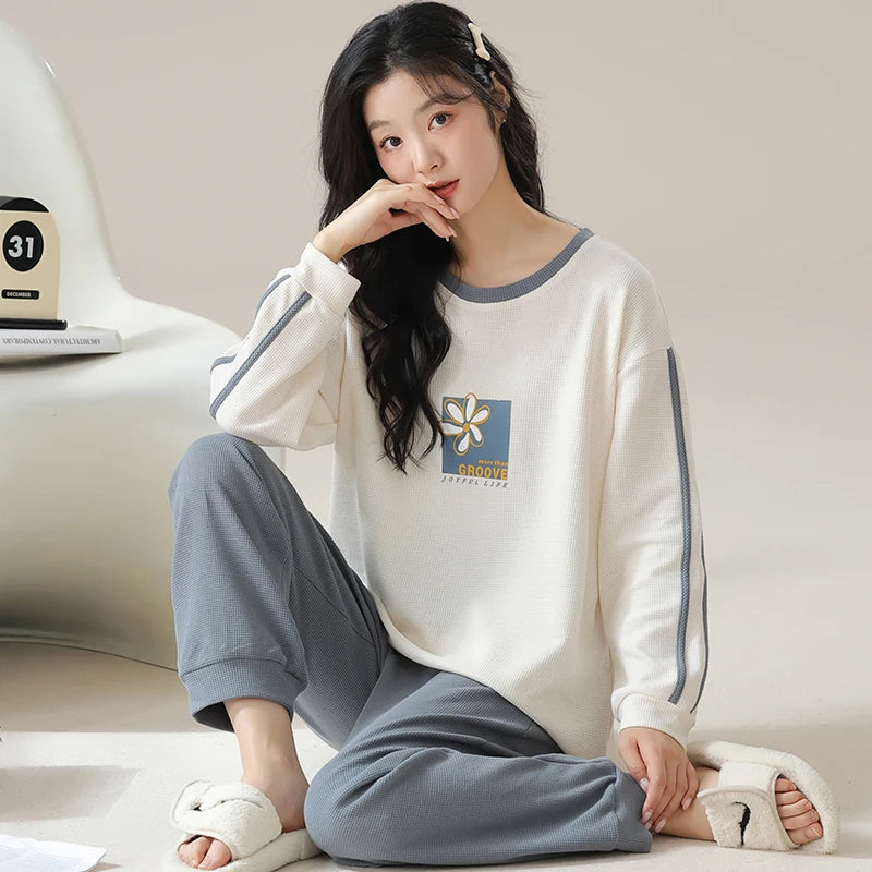 SUKAE Waffle Cotton Korean Minimalist Style Women Pajamas Spring Autumn Long Sleeves Lady Sleepwear Kawaii Round Neck Homesuits