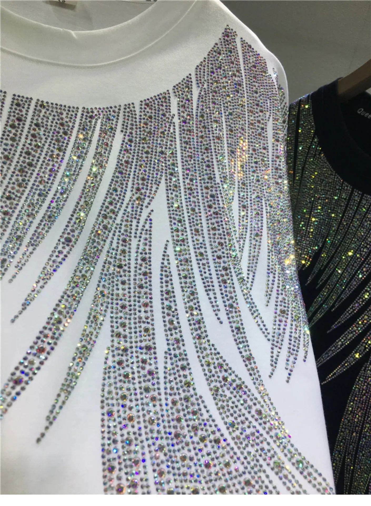 Women Tops Sequin Print Tees Round Neck Half Sleeve Loose Casual Regular Splice T Shirts Simple Hot Drilling Mid Length Top