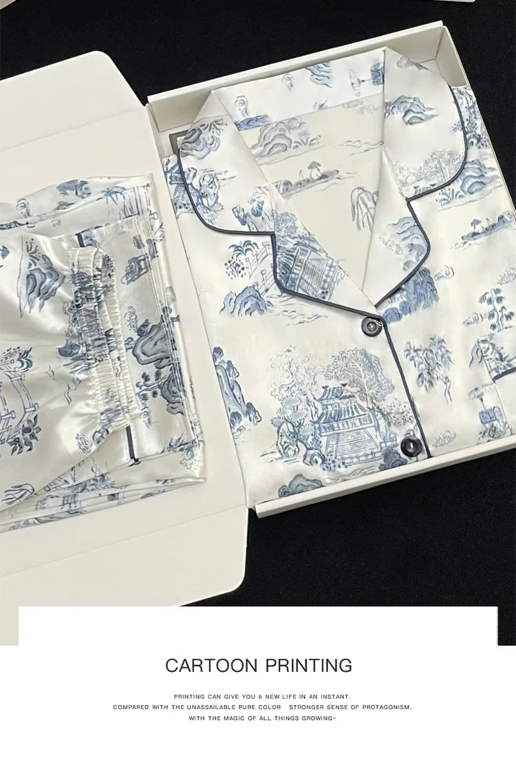 Women's Pajamas Sets Spring Autumn 2 Piece Paint Print Pyjama Faux Silk Satin Sleepwear Long Sleeve Pijama Mujer Pjs Homewear