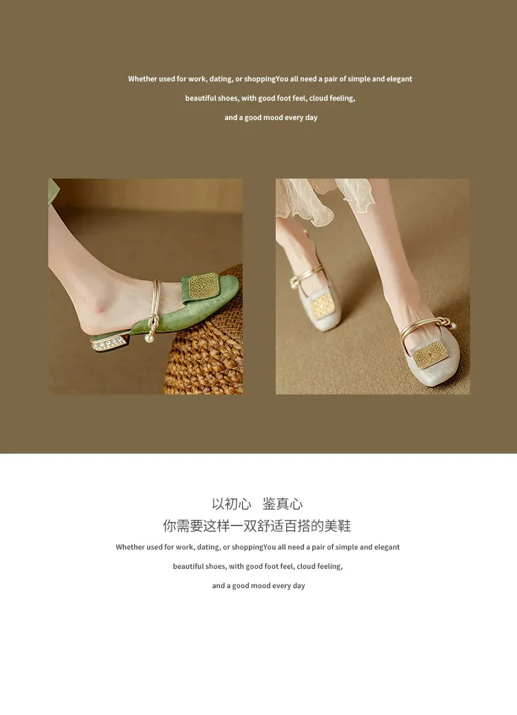 2024 Summer Elegant Sandals Women New Rhinestones Fashion Dress Half Slippers Baotou Women's Temperament Chinese Style Slippers