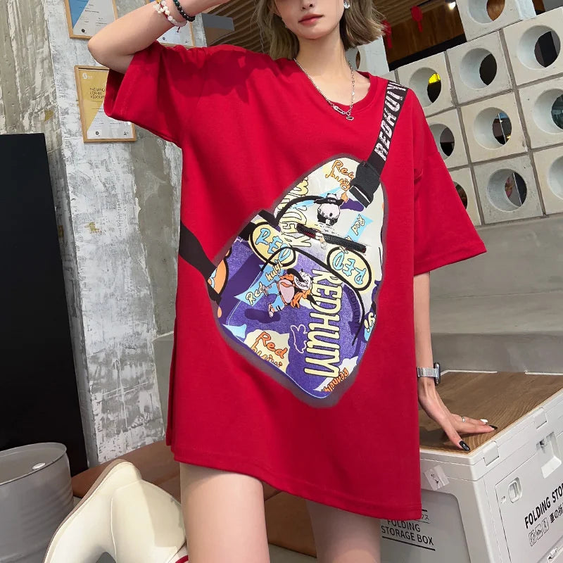 Summer Y2k Clothes New Messenger Bag Printed Pocket Zipper T-shirt Women Europea Style Casual Large Size Couple Casual Tees Tops