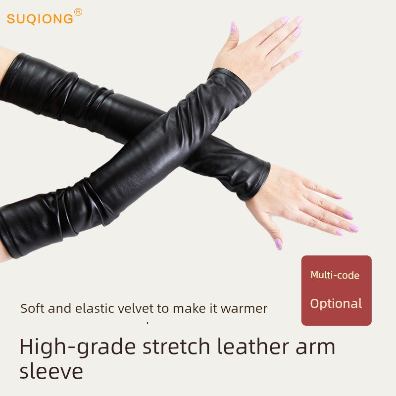 Women's Velvet Open Finger Black Oversleeve Leather Gloves