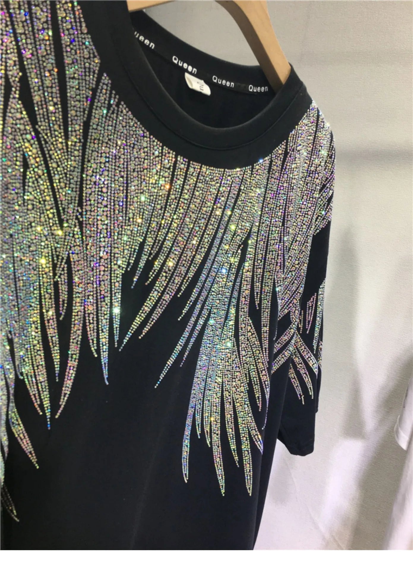 Women Tops Sequin Print Tees Round Neck Half Sleeve Loose Casual Regular Splice T Shirts Simple Hot Drilling Mid Length Top