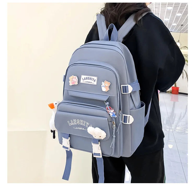 5-piece Set of Free Pendants Forest Style Korean Version Casual Harajuku Student Backpack for High School Girls Large Capacity Viralgem Store