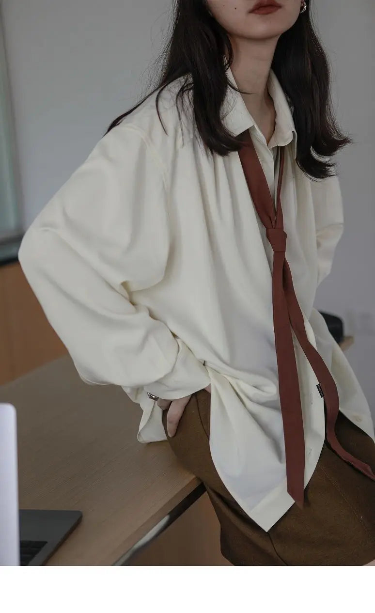 2025 Summer Minimalist Long Sleeve Button Up Shirt Women Korean Style Solid Tie Oversize Shirts Blouse Loose Clothes Autumn Tops