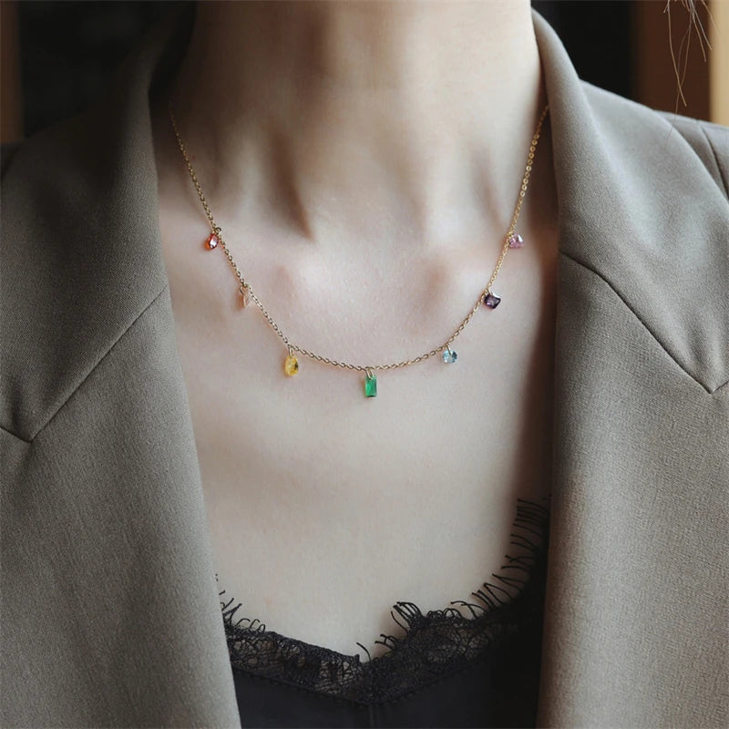 316L Stainless Steel New Fashion Fine Jewelry Colorful Zircons Different Shapes Charm Chain Necklaces Bracelets Anklet For Women