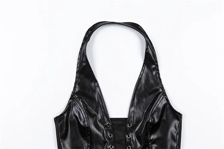 Y2K Crop Top Women Summer Black Leather Banadage Hollow Punk Style Tank Tops Vest Fashion Backless Club Party Wear Viralgem Store