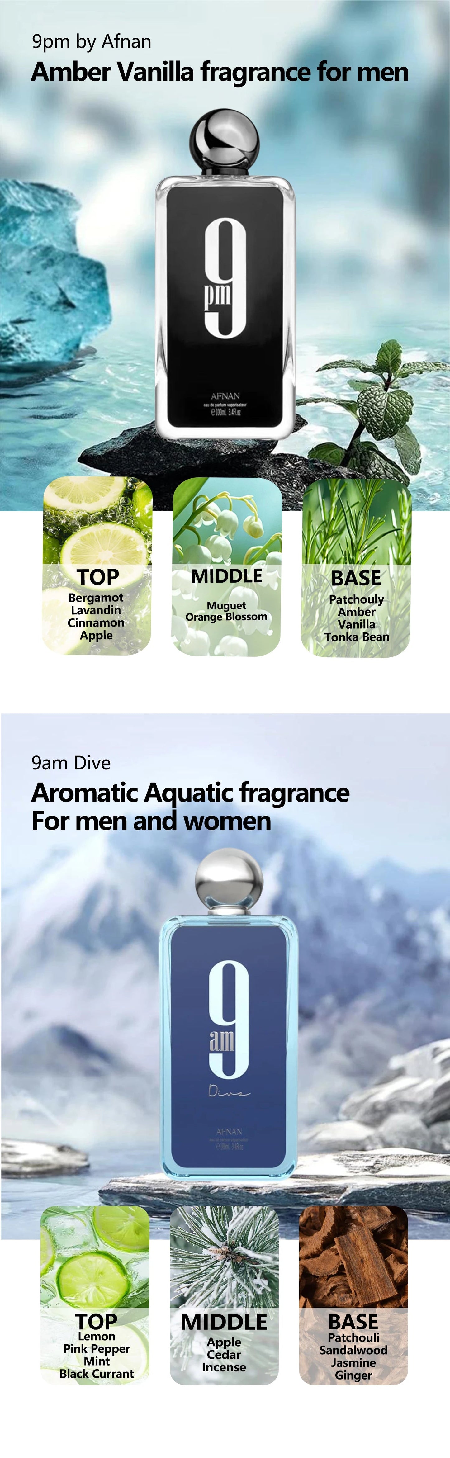 Afnan 9 PM 9 AM Dive Women's Men's Perfume Eau De Parfum Long-Lasting Pheromones Perfume Timeless Scent Couple Gift 100ml/ 3.4oz Viralgem Store