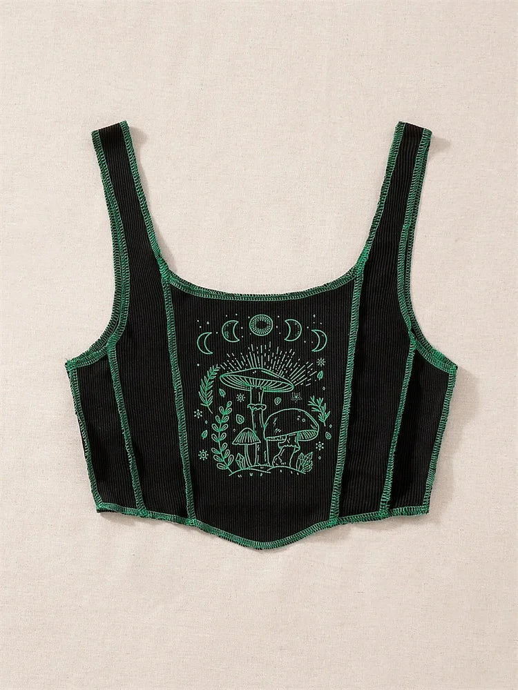 2000s Y2K Clothes High Street Plant Print Graphic Tank Top for Women Summer Grunge Sleeveless Square Neck Crop Top Streetwear Viralgem Store