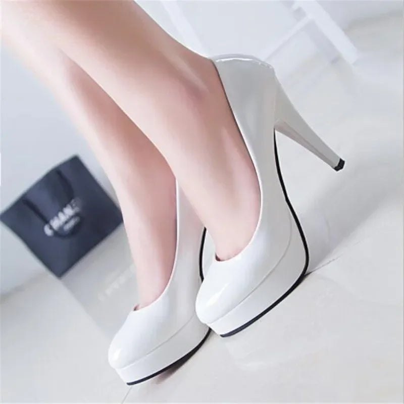 Women Pumps Fashion Classic Patent Leather High Heels Shoes Nud Head Paltform Wedding Women Dress Shoes Plus Size 34-42