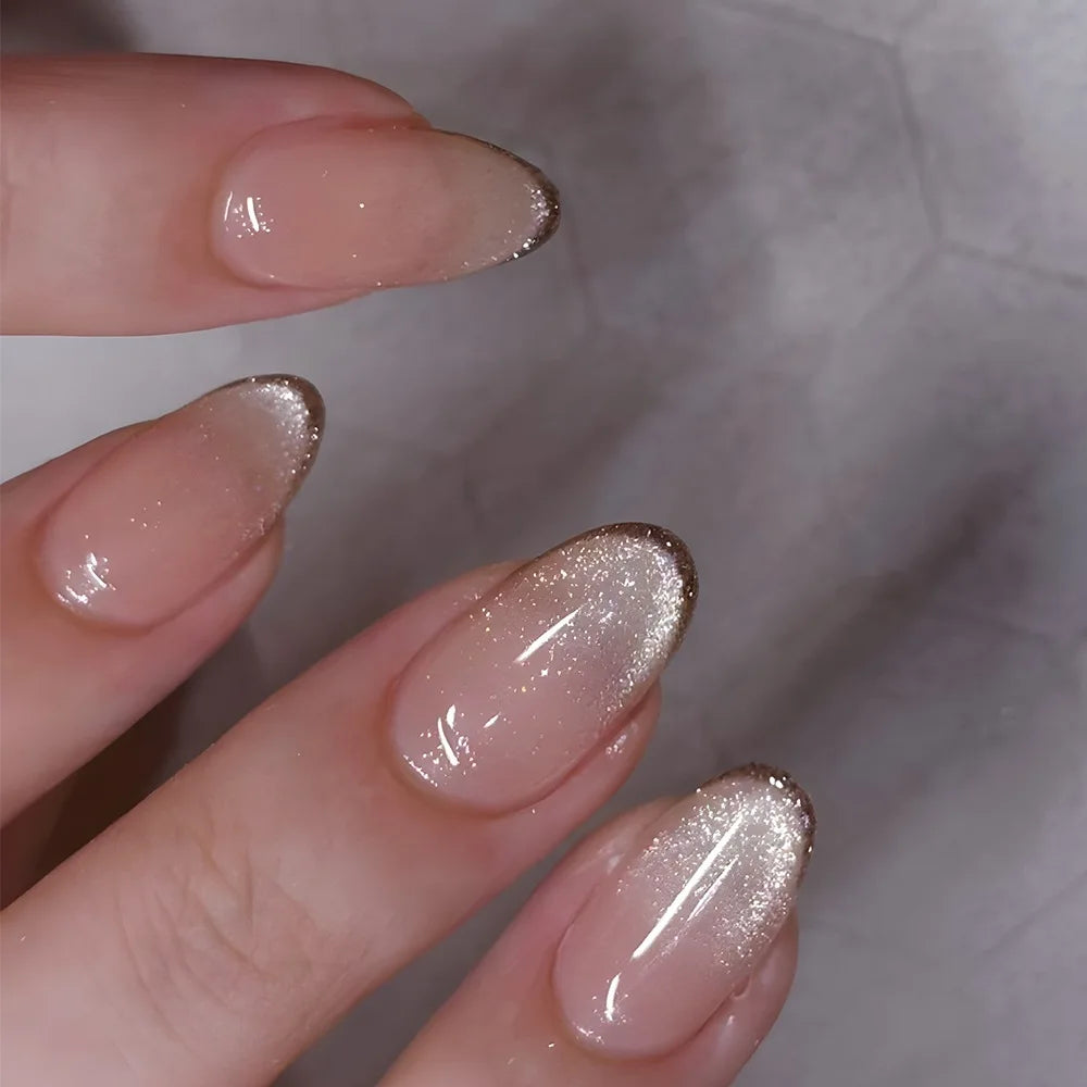 24Pcs Metallic Cat Eye French Sheer Manicure Tip Art Textured 3D Acrylic False Nails Nude Pink Almond Medium Press on Fake Nails