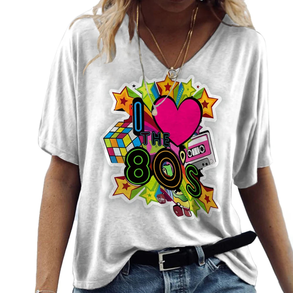 Women Fashion Short Seeve T Shirt V-neck Cotton 3d Love 80s Printed Tee Shirt Harajuku Summer Vintage Femme Loose Ladies Clothes