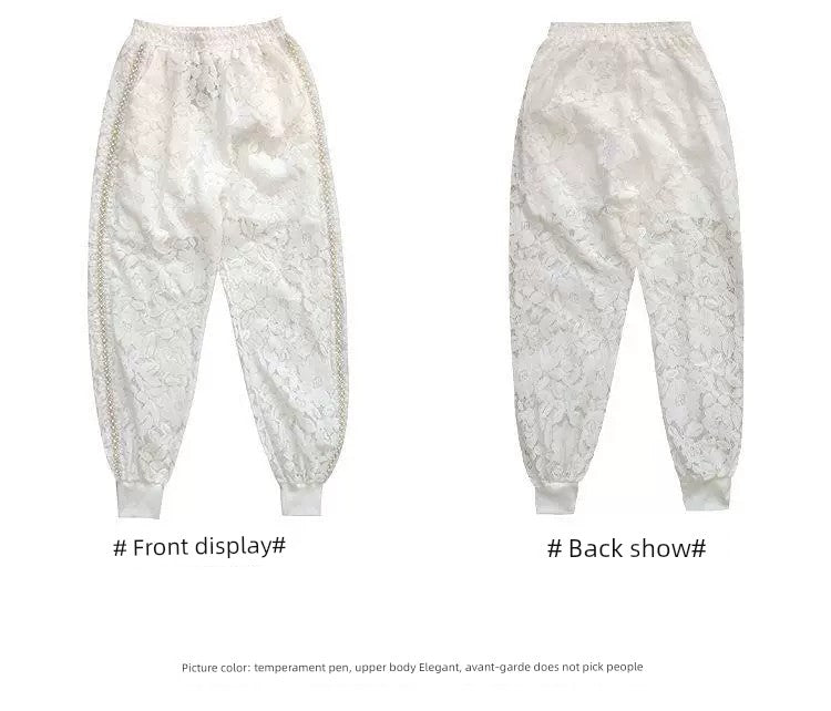 150.00kg Plus Size Heavy Industry Beaded Lace Casual Pants Plus Size Ladies Loose Fashion Thin Hollow Crochet Sports Pants