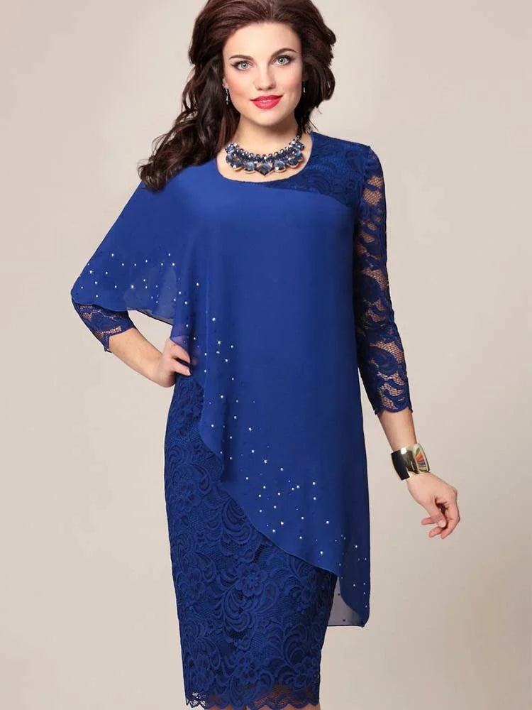 Women's Plus Size New Year Knitted Dresses 2022 Mesh Lace Long Sleeve Stitching Luxury Evening Fake Two-piece Chiffon Dress 90s