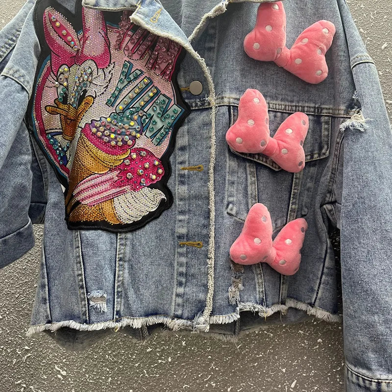 2024 New Women Coat Cartoon Sticker Embroidered Sequin Short Denim Jacket Loose Bowknot Top